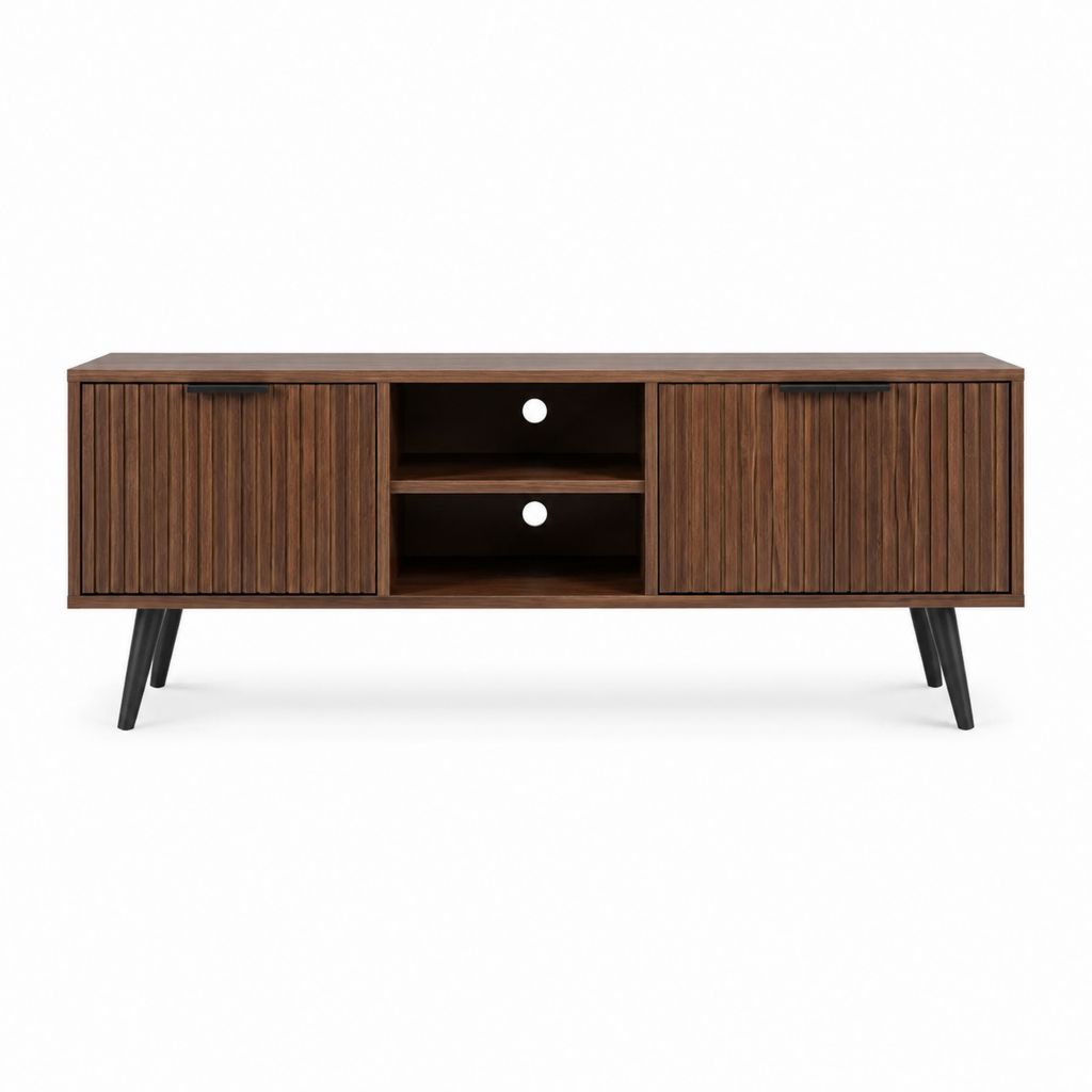 Meuble TV 160 cm noyer en MDF plaqué avec 2 portes coulissantes et étagères