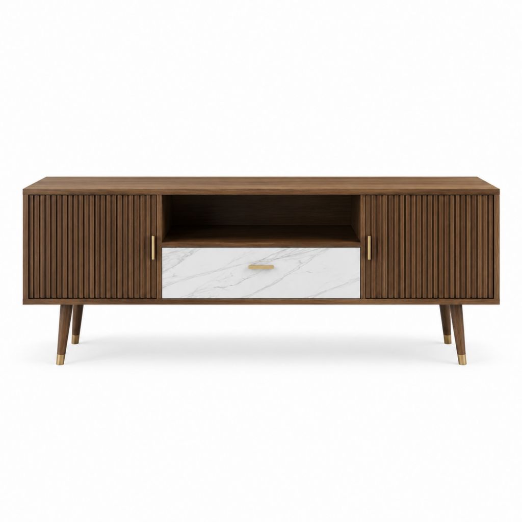 Meuble TV en MDF plaqué noyer brun avec portes rainurées et tiroir effet marbre 180 x 40 x 65 cm