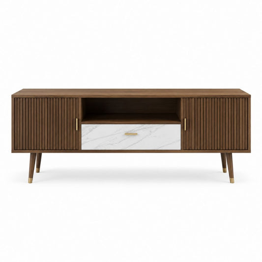 Meuble TV en MDF plaqué noyer brun avec portes rainurées et tiroir effet marbre 180 x 40 x 65 cm