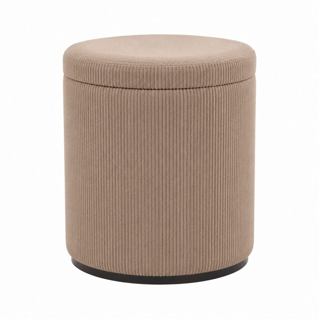 Pouf coffre rond beige en velours côtelé polyester 40 x 45 cm
