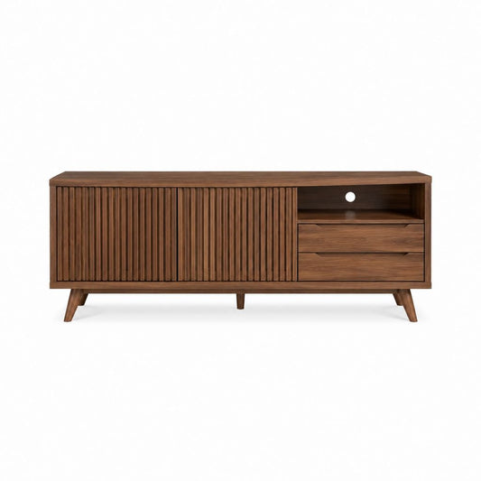 Meuble TV bas marron noyer à portes coulissantes nervurées 180 x 40 x 70 cm