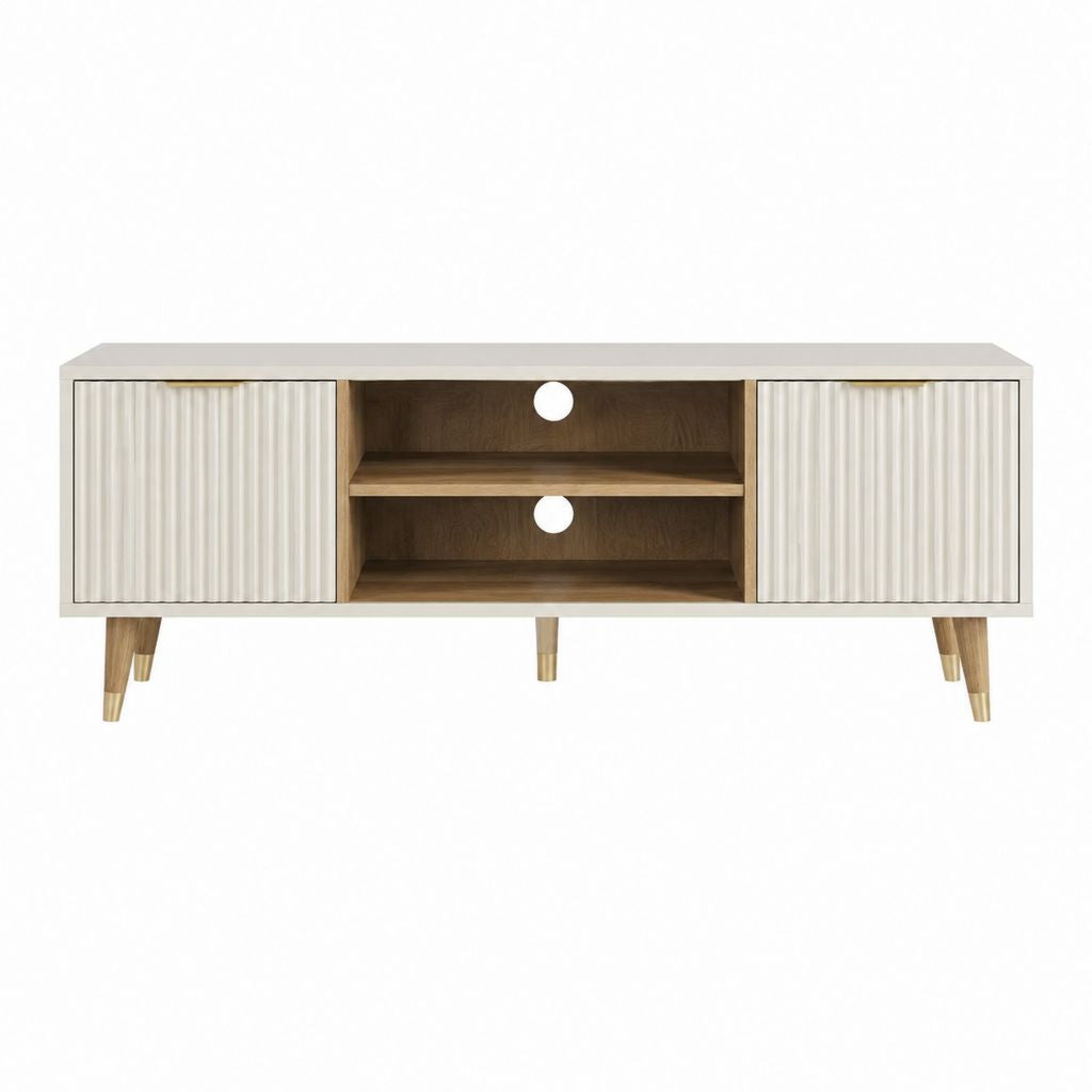 Meuble TV rectangulaire blanc et chêne en MDF 140 x 40 x 60 cm avec 2 portes et passe-câbles