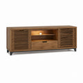 Meuble TV rectangulaire en bois d'acacia brun avec 2 portes coulissantes 1 tiroir et éclairage LED 160 x 40 x 60 cm