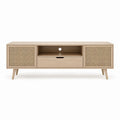 Meuble TV 160 x 40 x 55 cm chêne clair MDF et rotin avec 2 portes et tiroir