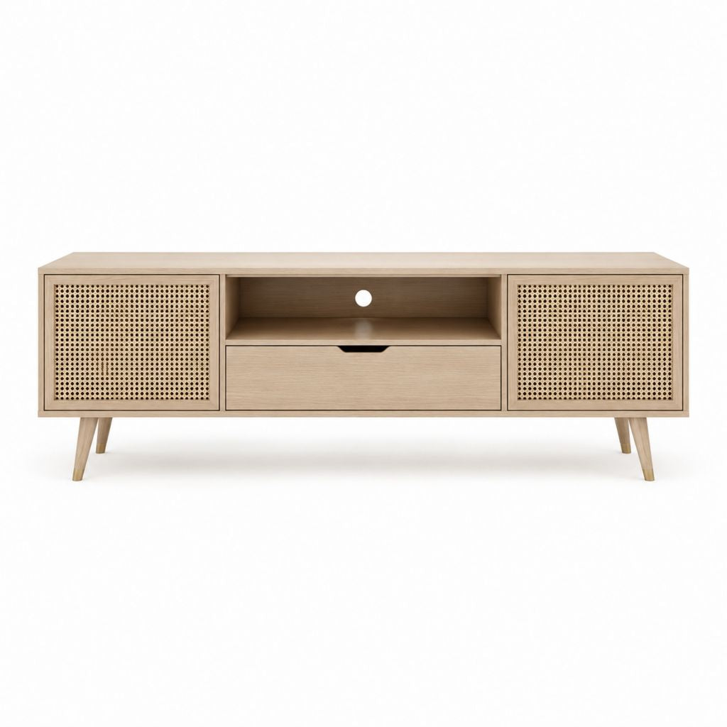 Meuble TV 160 x 40 x 55 cm chêne clair MDF et rotin avec 2 portes et tiroir
