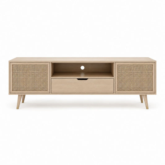 Meuble TV 160 x 40 x 55 cm chêne clair MDF et rotin avec 2 portes et tiroir
