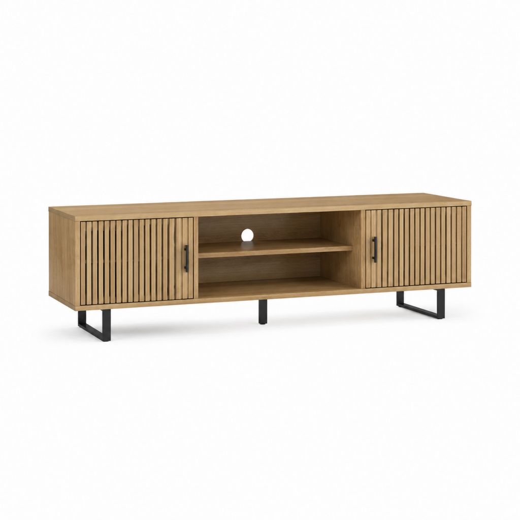 Meuble TV chêne naturel en panneaux de particules mélaminés avec portes rainurées 160 x 40 x 50 cm