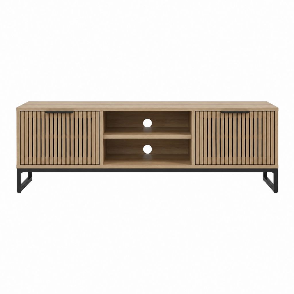 Meuble TV rectangulaire chêne clair en MDF plaqué chêne avec pieds en acier 160 x 40 x 60 cm