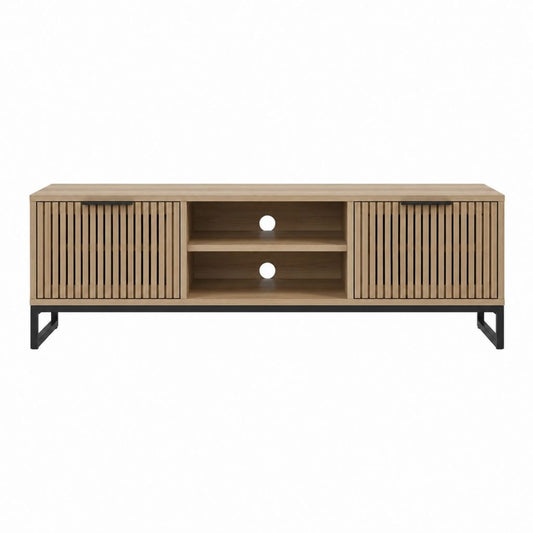 Meuble TV rectangulaire chêne clair en MDF plaqué chêne avec pieds en acier 160 x 40 x 60 cm