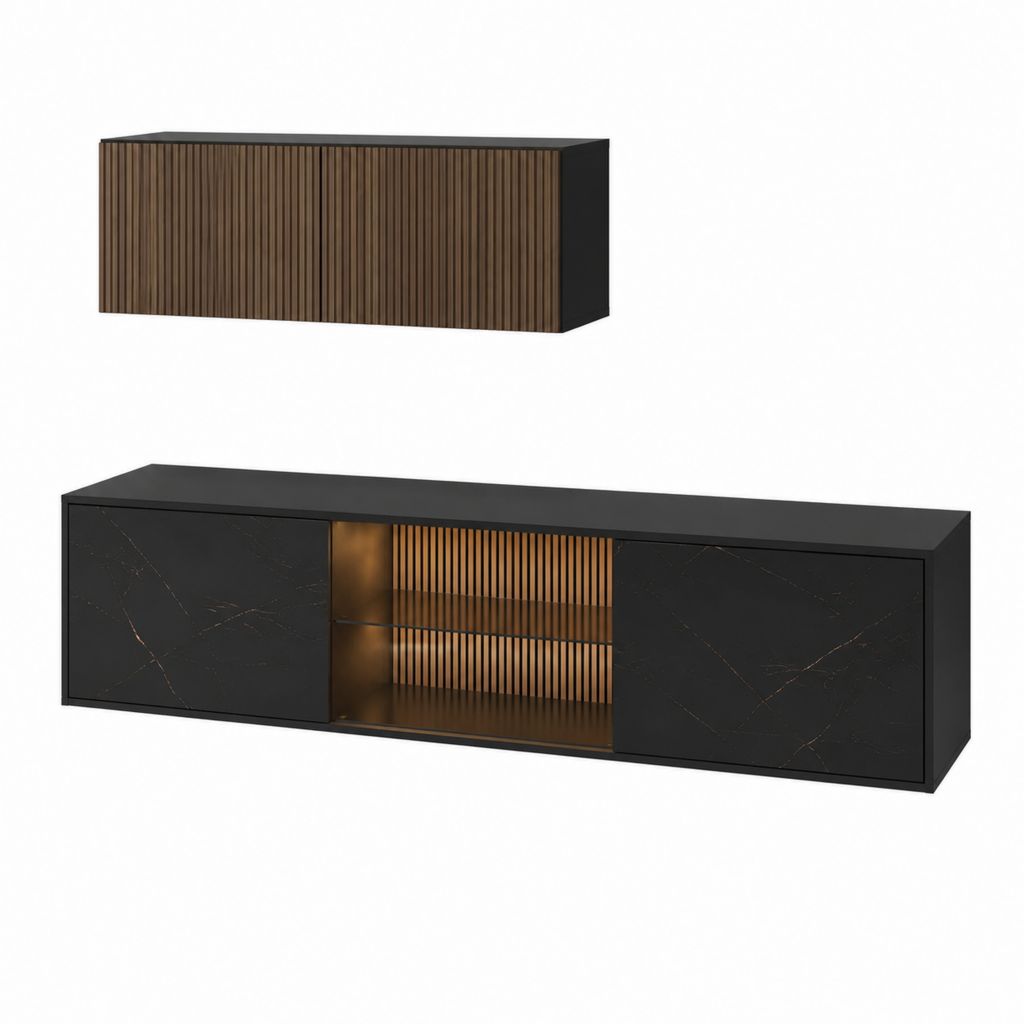 Ensemble meuble TV rectangulaire noir et noyer en panneaux MDF 180 x 40 x 45 cm avec meuble mural 100 x 30 x 35 cm