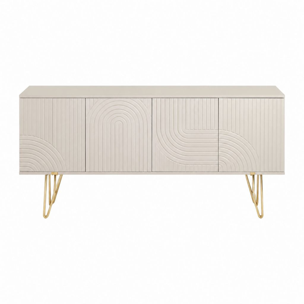 Meuble TV 4 portes beige en panneaux MDF avec pieds en acier doré 160 x 40 x 80 cm