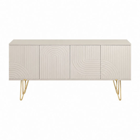 Meuble TV 4 portes beige en panneaux MDF avec pieds en acier doré 160 x 40 x 80 cm