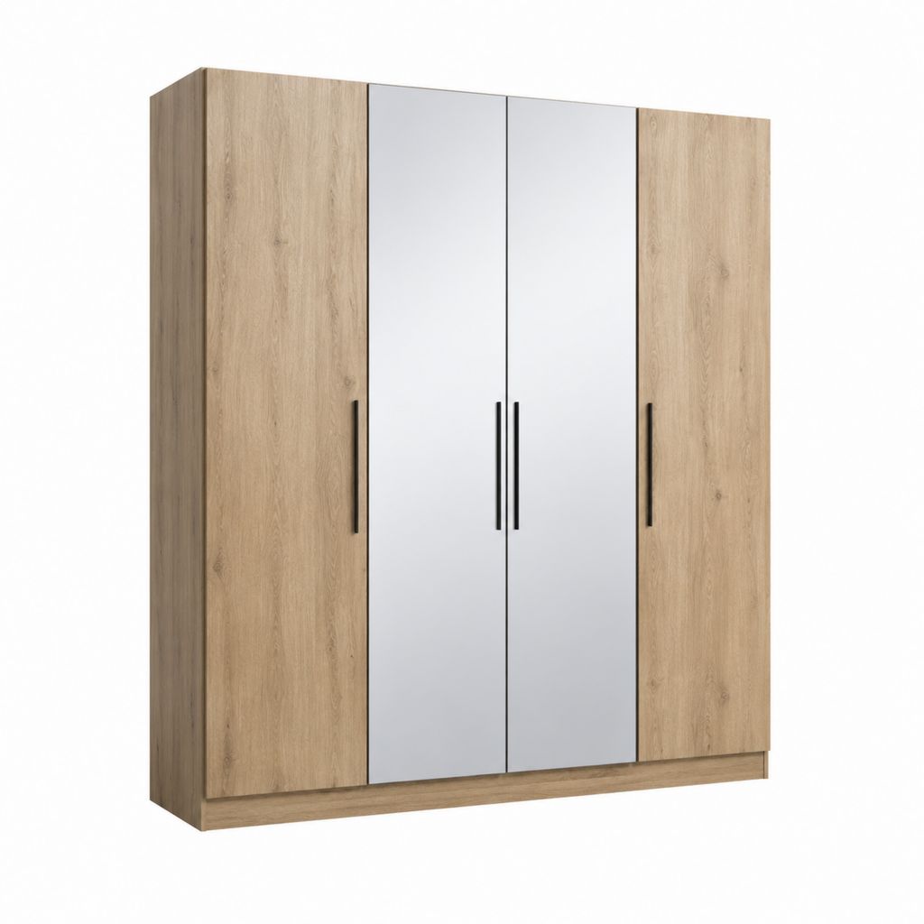 Armoire 4 portes chêne clair et gris avec miroirs en verre 200 x 52 x 200 cm