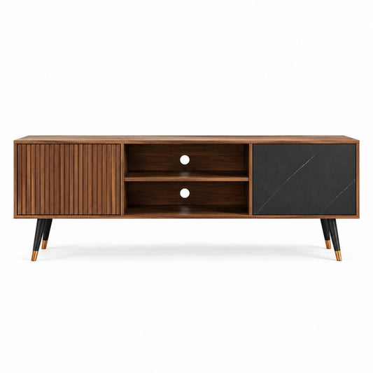 Meuble TV 180 x 40 x 60 cm noyer noir en MDF plaqué noyer avec portes et rangements