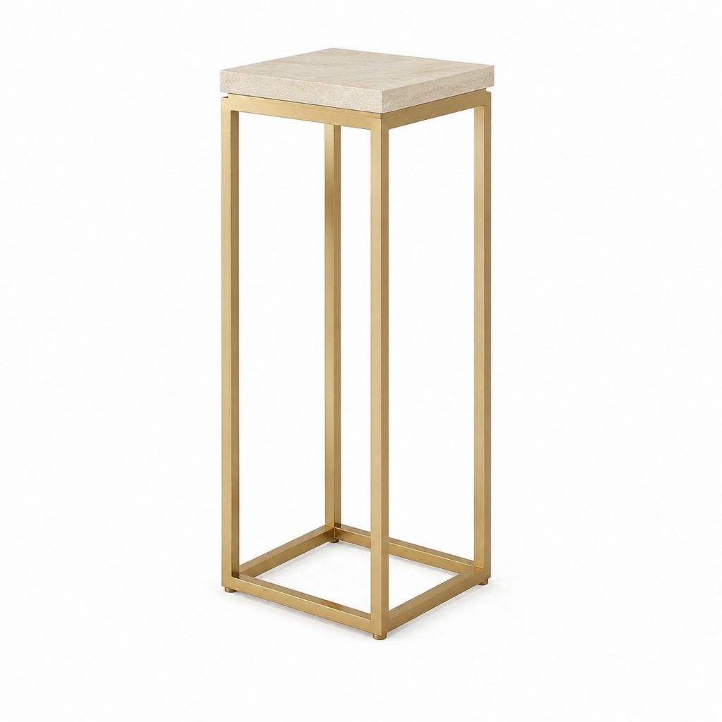 Table d'appoint haute carrée beige et doré en pierre frittée et acier inoxydable 30 x 30 x 75 cm