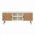 Meuble TV 120 cm blanc et chêne en MDF rectangulaire avec 2 portes et 2 niches