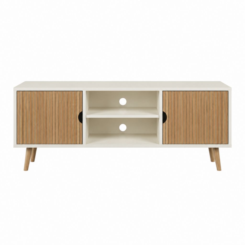 Meuble TV 120 cm blanc et chêne en MDF rectangulaire avec 2 portes et 2 niches