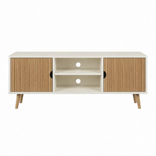 Meuble TV 120 cm blanc et chêne en MDF rectangulaire avec 2 portes et 2 niches