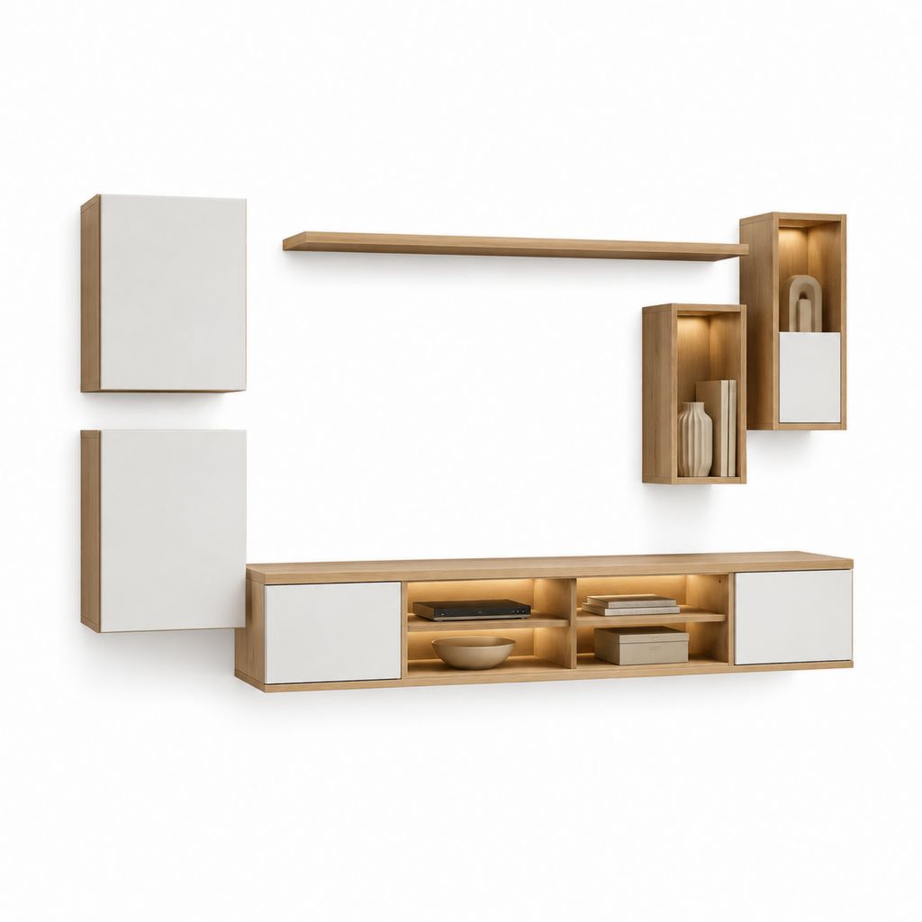 Ensemble meuble TV mural 6 éléments chêne clair et blanc en MDF mélaminé 280 x 40 x 160 cm