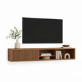 Meuble TV mural suspendu noyer en MDF plaqué 180 x 35 x 30 cm avec porte coulissante à lattes et niches
