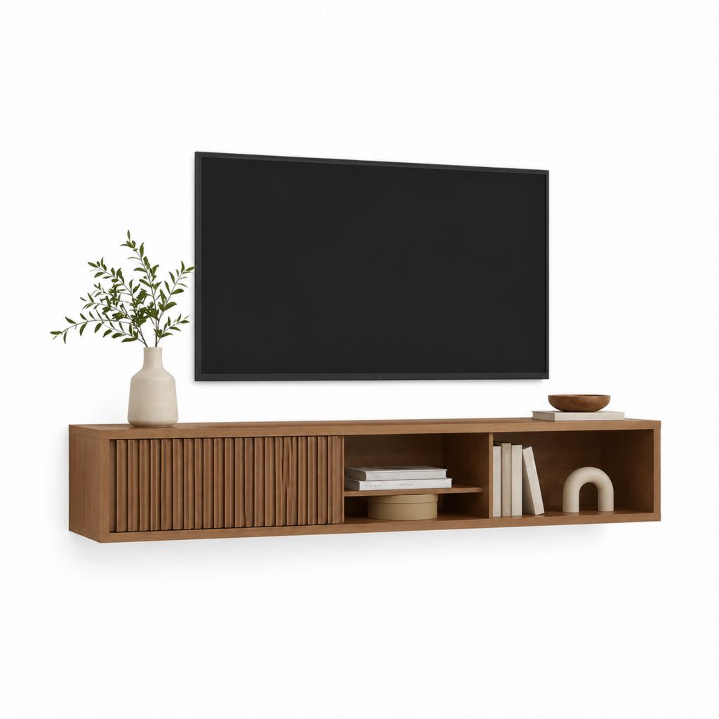 Meuble TV mural suspendu noyer en MDF plaqué 180 x 35 x 30 cm avec porte coulissante à lattes et niches