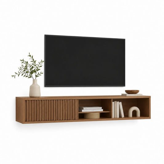 Meuble TV mural suspendu noyer en MDF plaqué 180 x 35 x 30 cm avec porte coulissante à lattes et niches