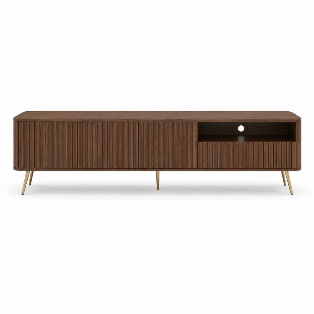 Meuble TV 180 cm noyer en panneaux MDF plaqués noyer avec pieds en acier doré