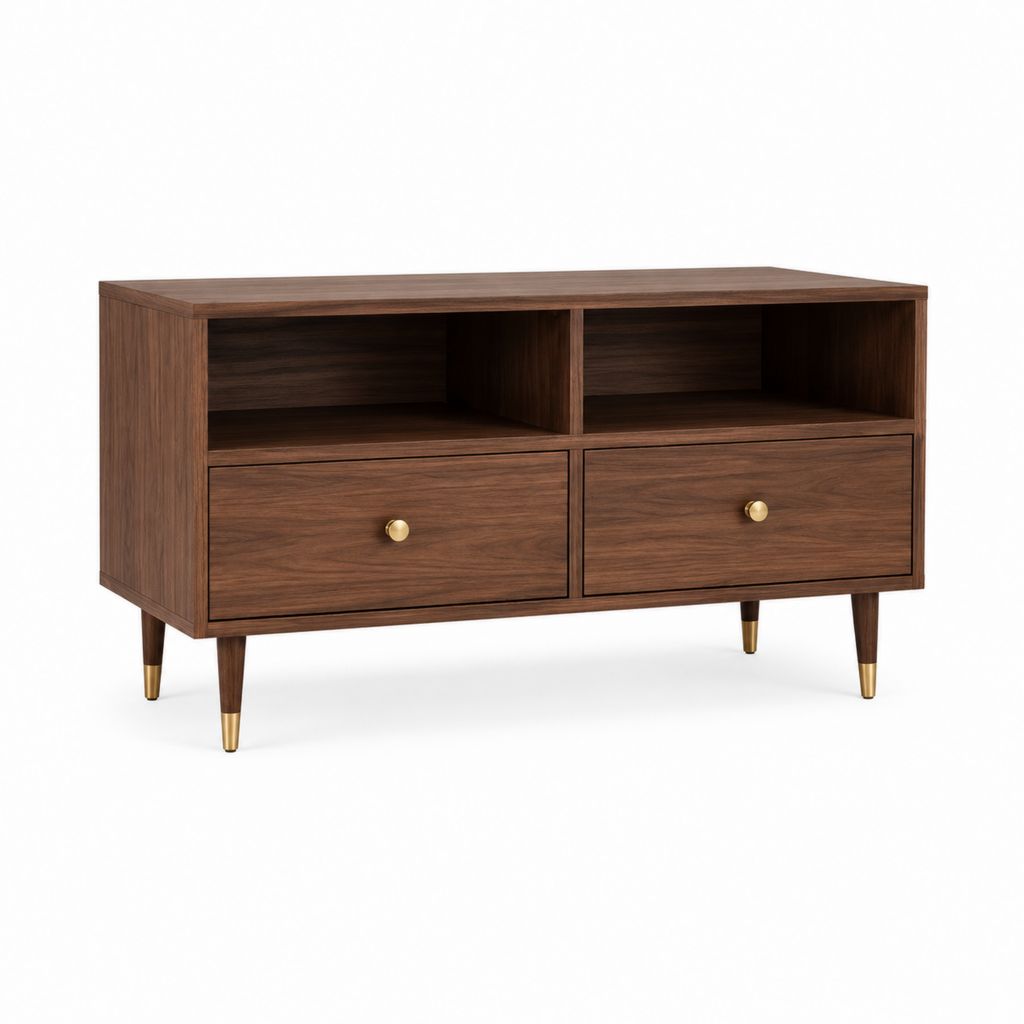 Meuble TV 2 tiroirs marron en MDF décor noyer 120 x 40 x 70 cm