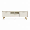 Meuble TV rectangulaire 180 x 40 x 55 cm blanc crème en MDF nervuré avec pieds en acier doré