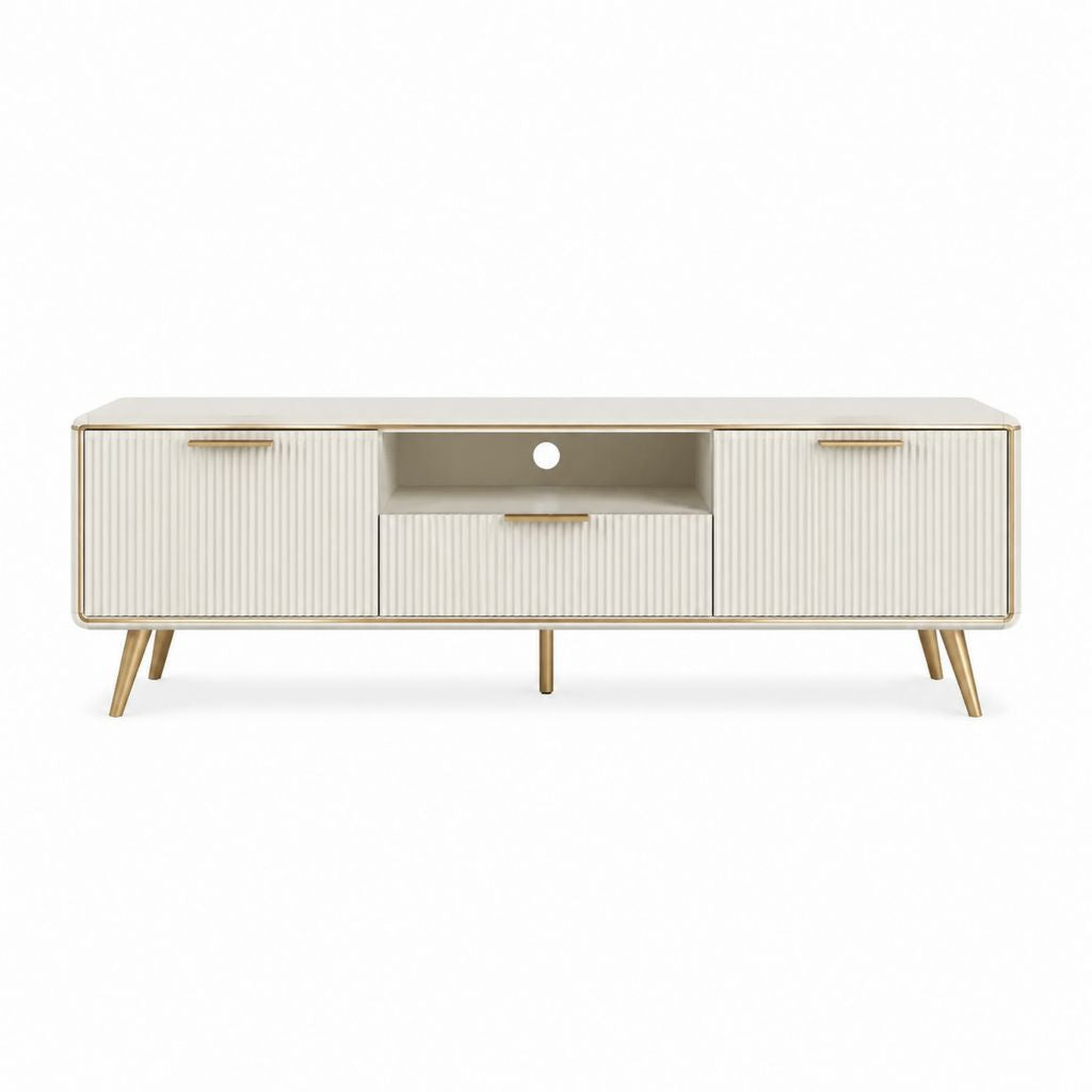 Meuble TV rectangulaire 180 x 40 x 55 cm blanc crème en MDF nervuré avec pieds en acier doré