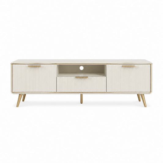 Meuble TV rectangulaire 180 x 40 x 55 cm blanc crème en MDF nervuré avec pieds en acier doré