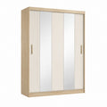 Armoire de chambre rectangulaire 2 portes coulissantes chêne clair blanc miroir en panneaux de particules mélaminés 160 x 60 x 180 cm