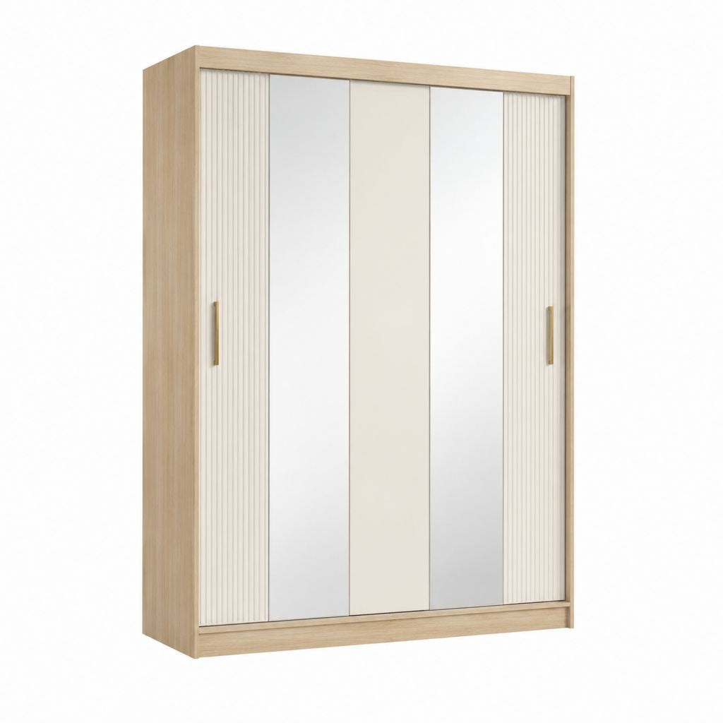 Armoire de chambre rectangulaire 2 portes coulissantes chêne clair blanc miroir en panneaux de particules mélaminés 160 x 60 x 180 cm